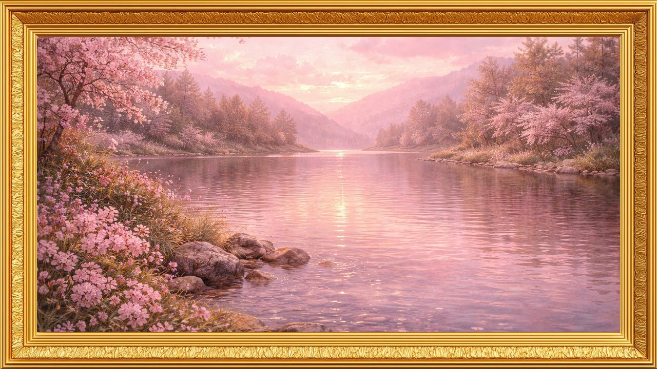 Blush Blossom River | Vintage Gold Frame | 4K TV Art Screensaver