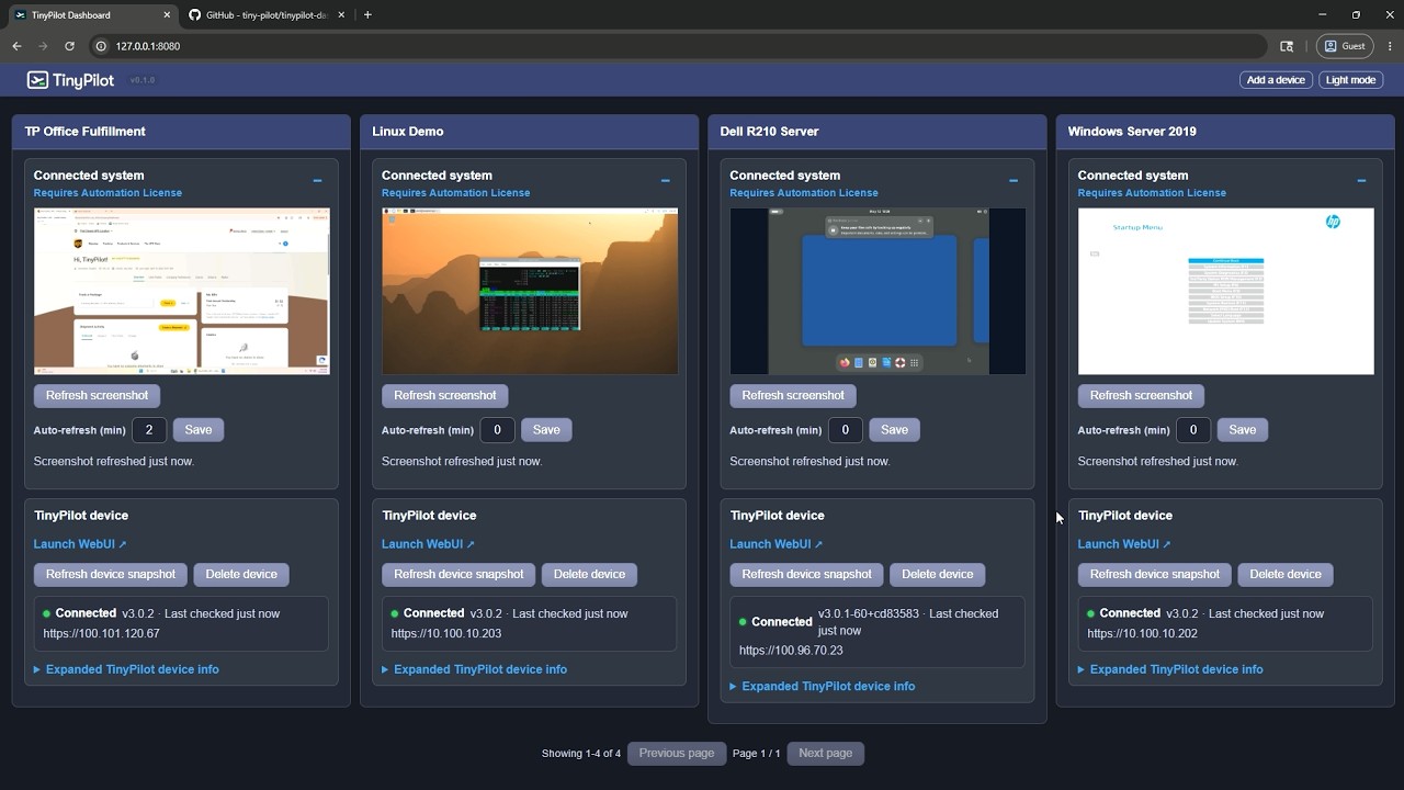 TinyPilot Dashboard: A Self-Hosted View of Your TinyPilot Fleet