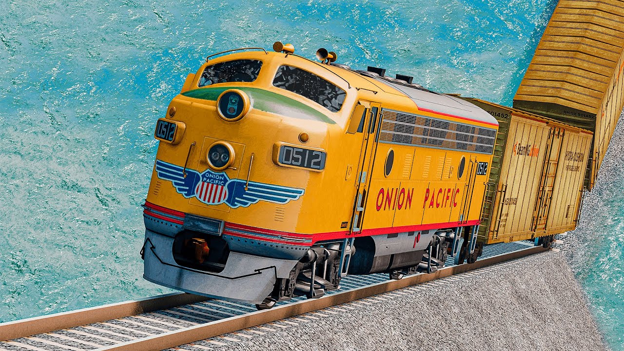 Colorful Train vs Incredible Endless Road Up Rails Track Crossing Deepwater | BeamNG.drive