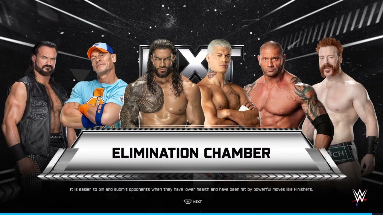 Матч Elimination Chamber в WWE 2K25: Дрю Макинтайр, Джон Сина, Роман Риенгс, Коди, Батиста и Шеймус.