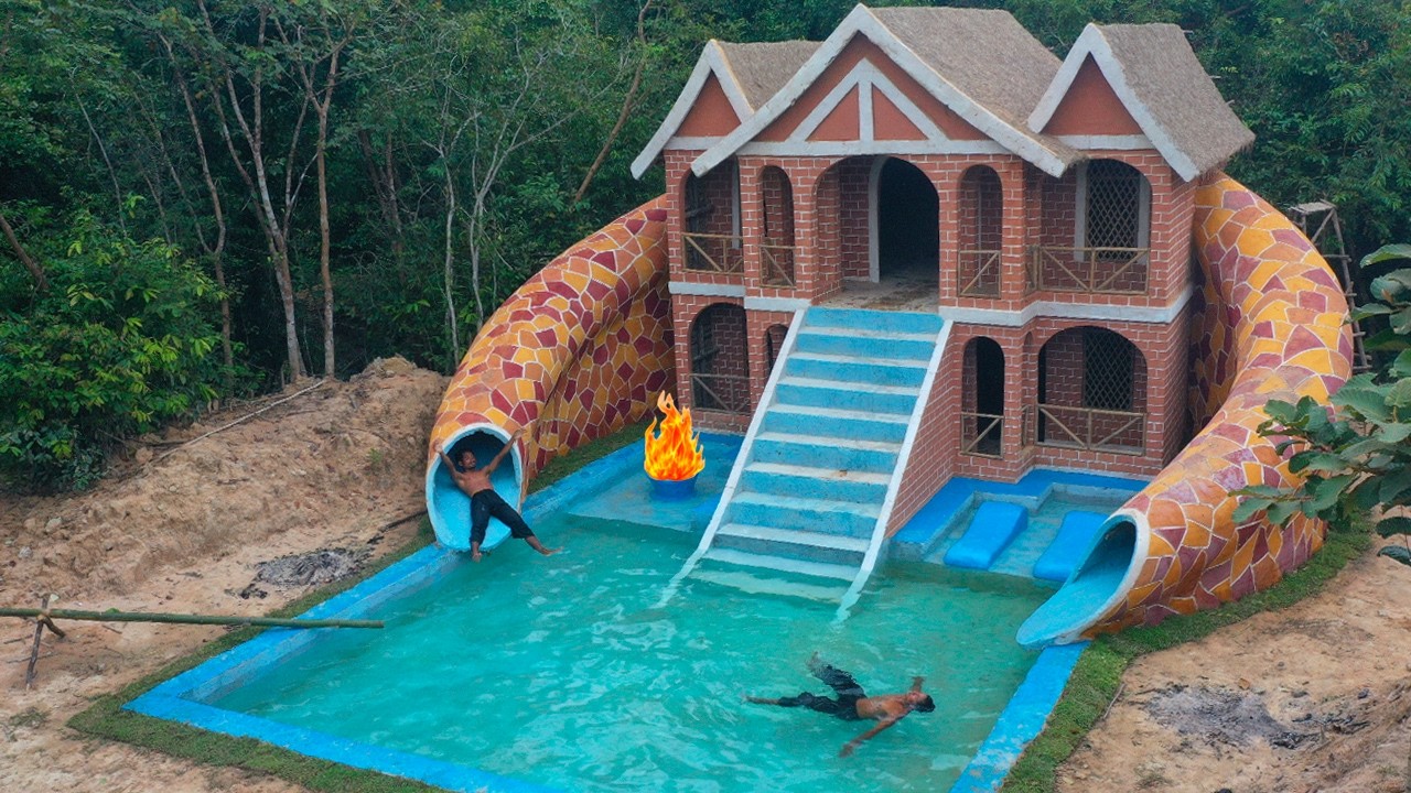 120 Days  Building Underground two-story House with water Slide To Swimming Pool
