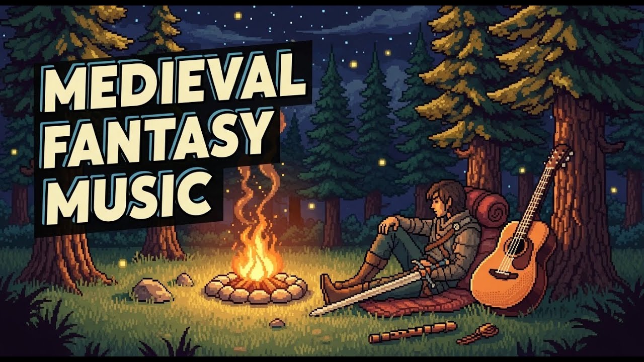 Medieval Swordsman Resting by Campfire in a Dark Night Forest