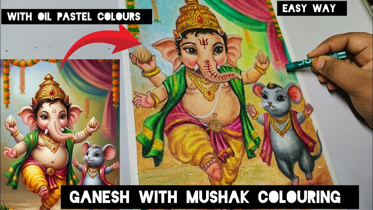 Ganesh with mushak colouring||with oil pastel colours||colouring tutorial||easy way 🕉️💫 part 2