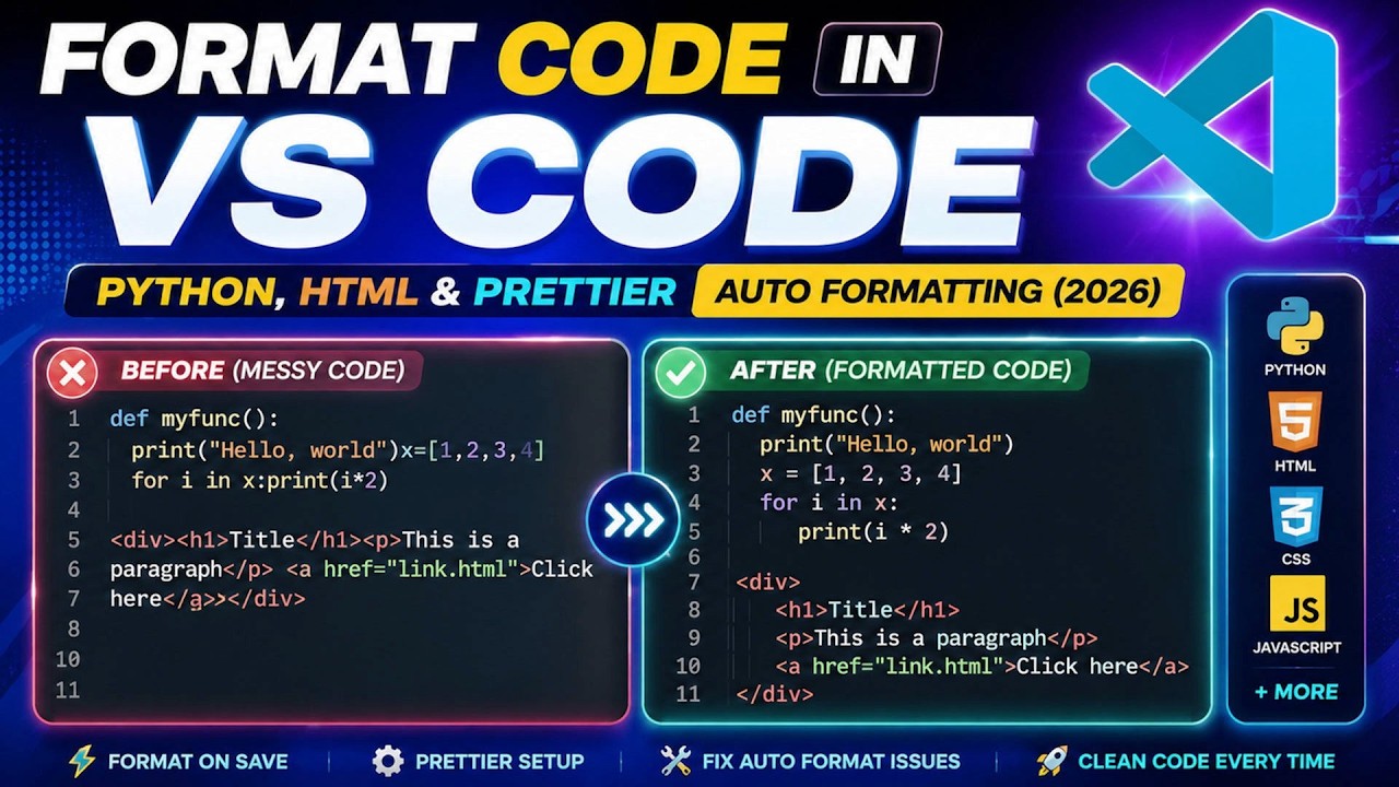 How to Format Code in VS Code (2026) | Python, HTML & Prettier Auto Formatting