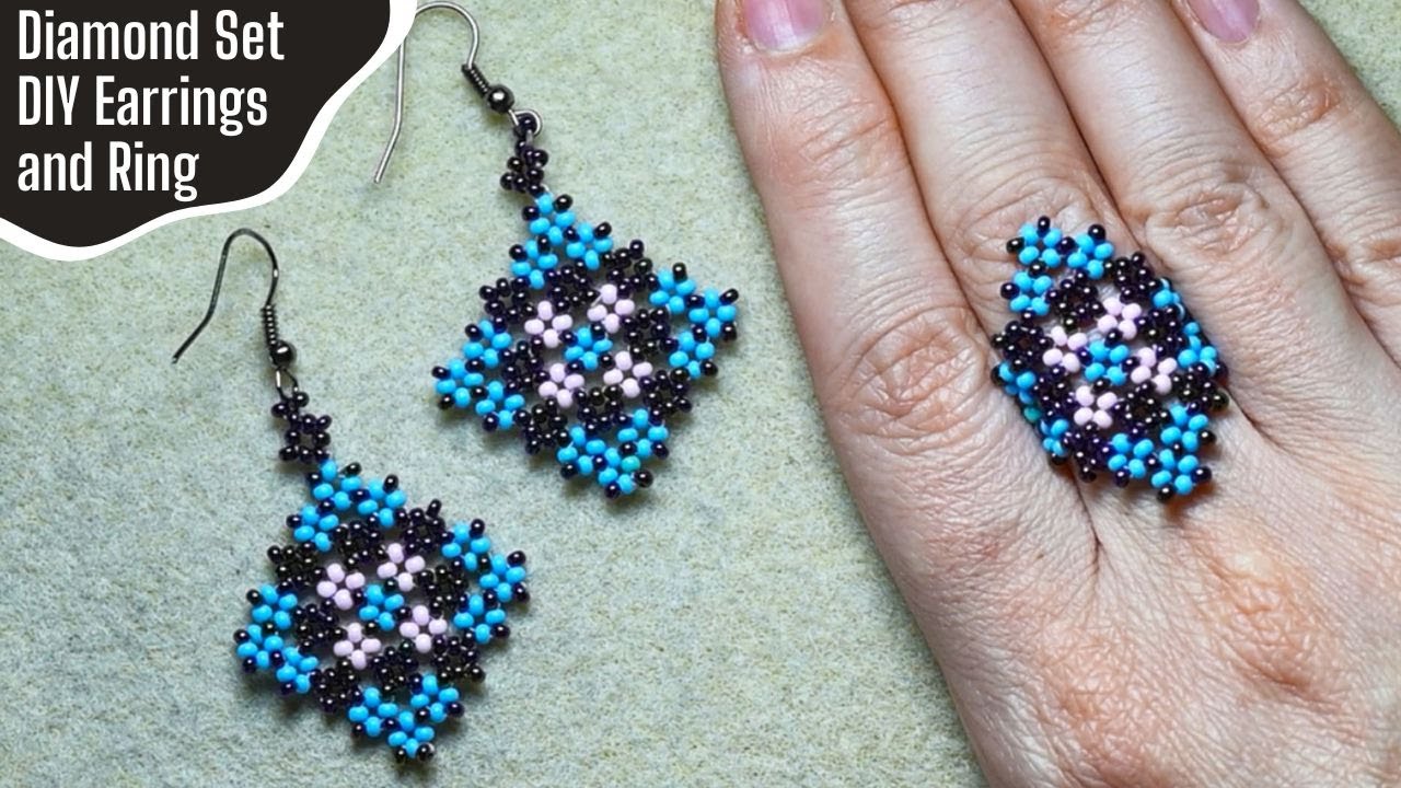 Learn this EASY Diamond-Shaped Beaded Earrings and Ring Set in 20 minutes!