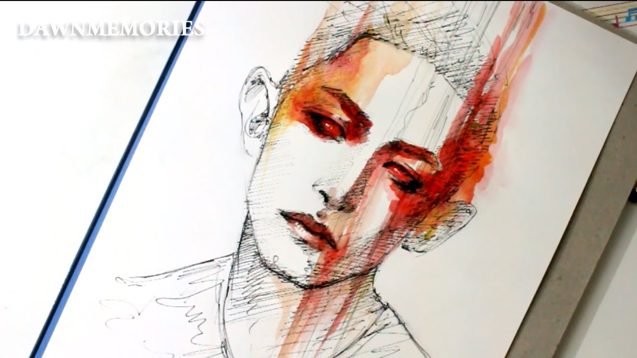 RED Watercolor Portrait Sketch