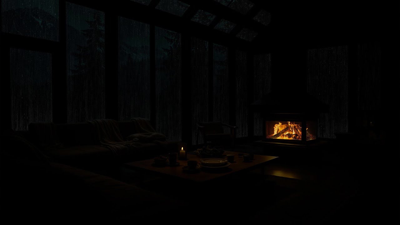 No Ads [Fall Asleep Instantly] 😴🎧 Mountain Rain & Cozy Fireplace in Dark Cabin for Deep Sleep