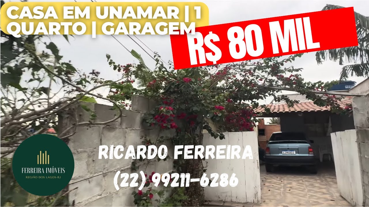Vendo casa Gravatá 1, Unamar, 1 quarto, garagem, ao lado comércio e transporte, R$ 80 mil à vista