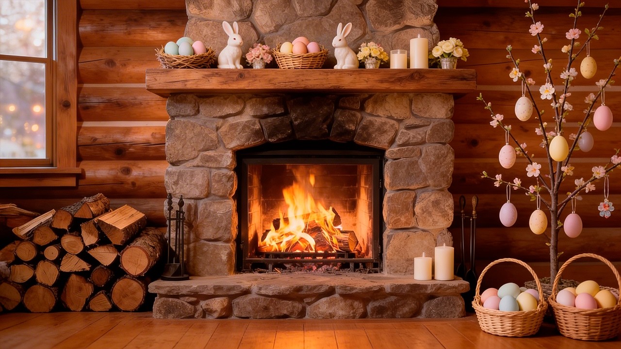 🔴 Easter Fireplace 24/7 | Crackling Fire | Pastel Eggs & Candles 🕯️