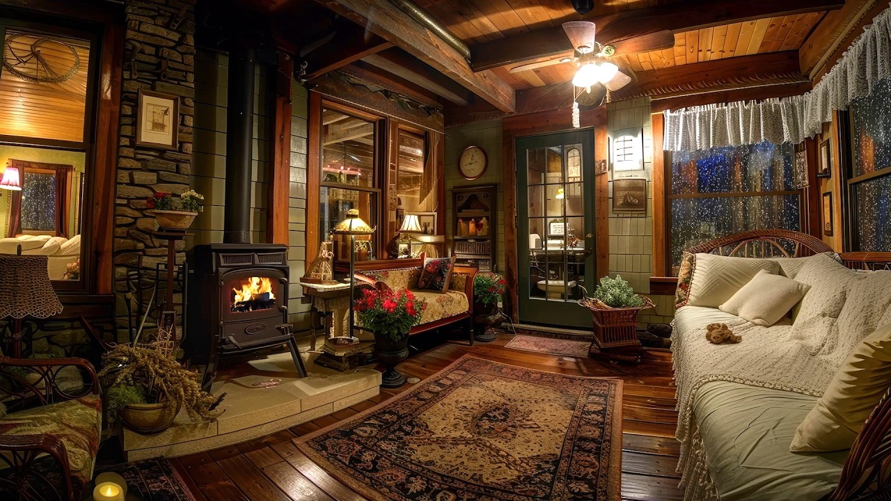 🔴Cozy Cabin Ambiance: Soothing Fireplace and Gentle Rain Sounds for Comfortable Sleep Environment