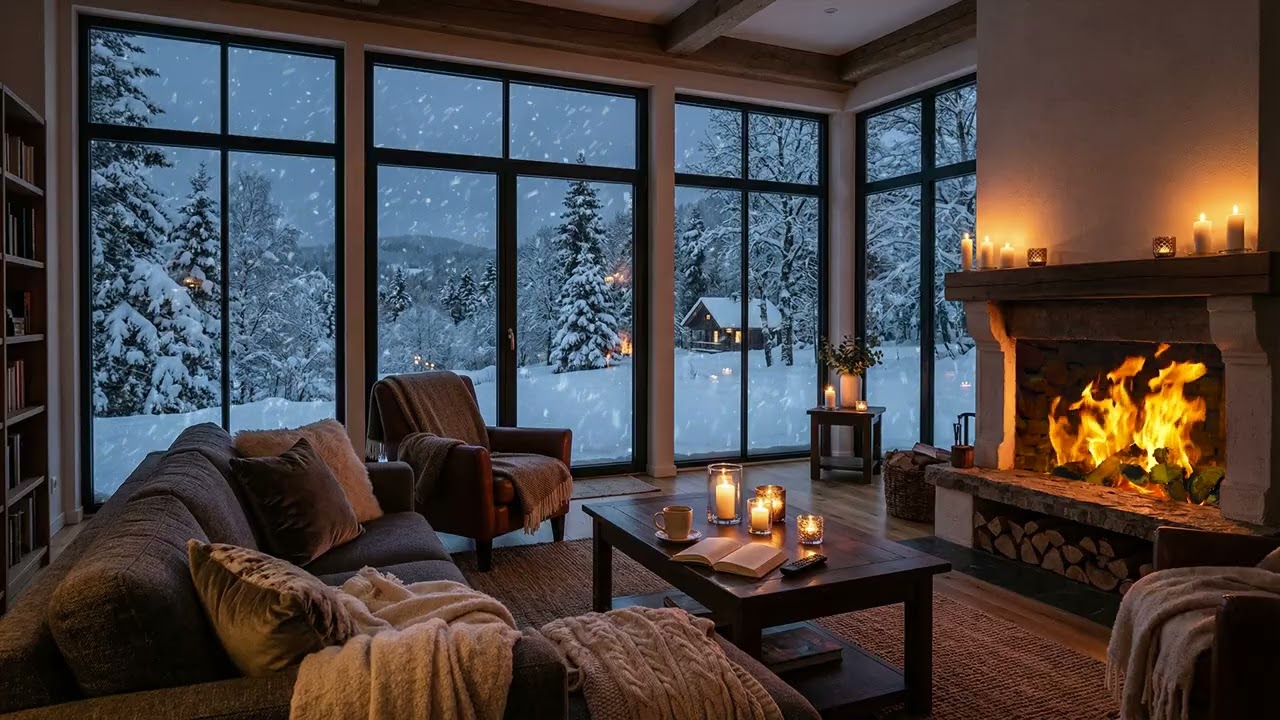Warm Fireplace In A Cozy Living Room Watching Endless Snowfall Beyond The Window