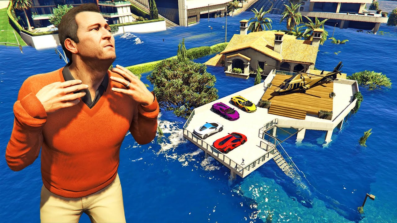 قراند 5 : تسونامي ضخمة تغمر قصر مايكل | GTA V Tsunami vs Michael's Mansion