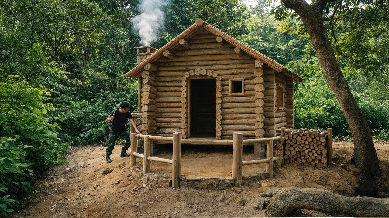 Building a Wooden House ALONE in the Forest | Warm Fireplace, Bushcraft Survival