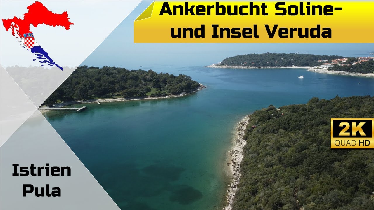 Drohnenflug über die Soline Bucht und der Insel Fratarski in Istrien Pula Kroatien