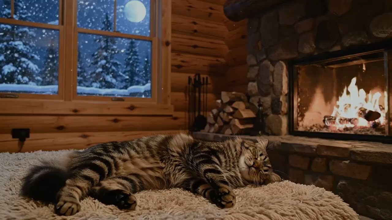 Peaceful Winter Night Fireplace Scene with Soft Cat Purring for Deep Relaxation