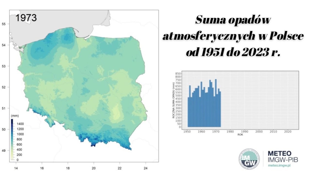 IMGW-PIB: Suma opadów atmosferycznych w Polsce od 1951 do 2023 r.