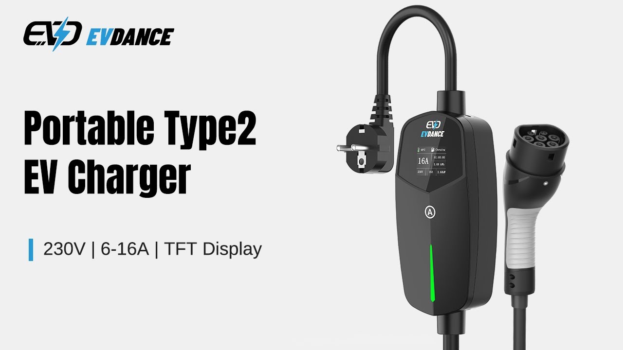 EVDANCE Portable Type 2 EV Charger | 230V | 6 -16A | TFT Display