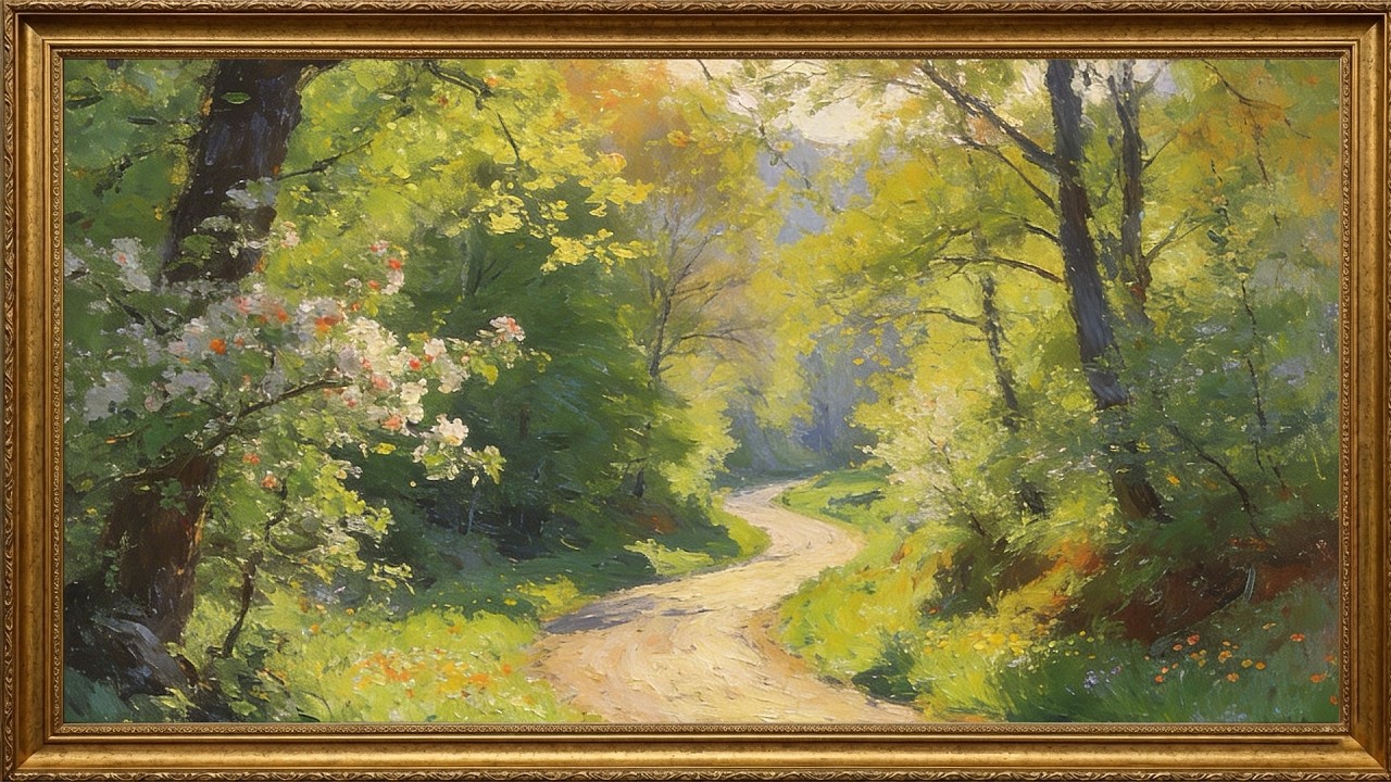 2 Hours Spring Forest Road Painting | Peaceful Countryside Oil Art | Gold Framed for TV 4K