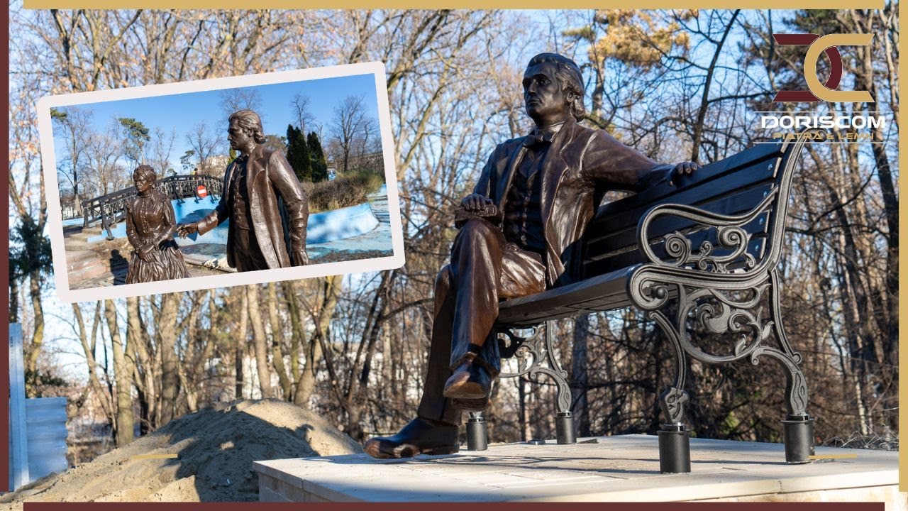 Statuile cu Mihai Eminescu și Veronica Micle din parcul central al Botoșaniului