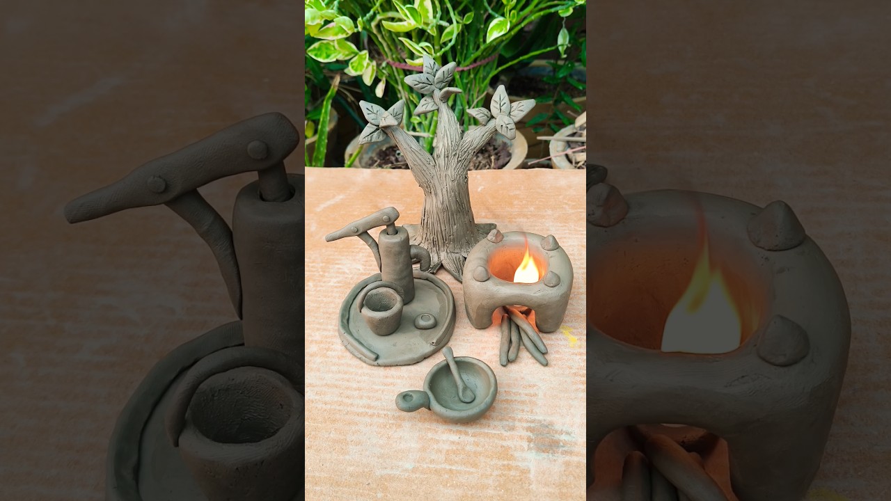 diy village style clay kitchen set✌, #kitchenset #creativeclayideas #clay #pottery #diykitchen