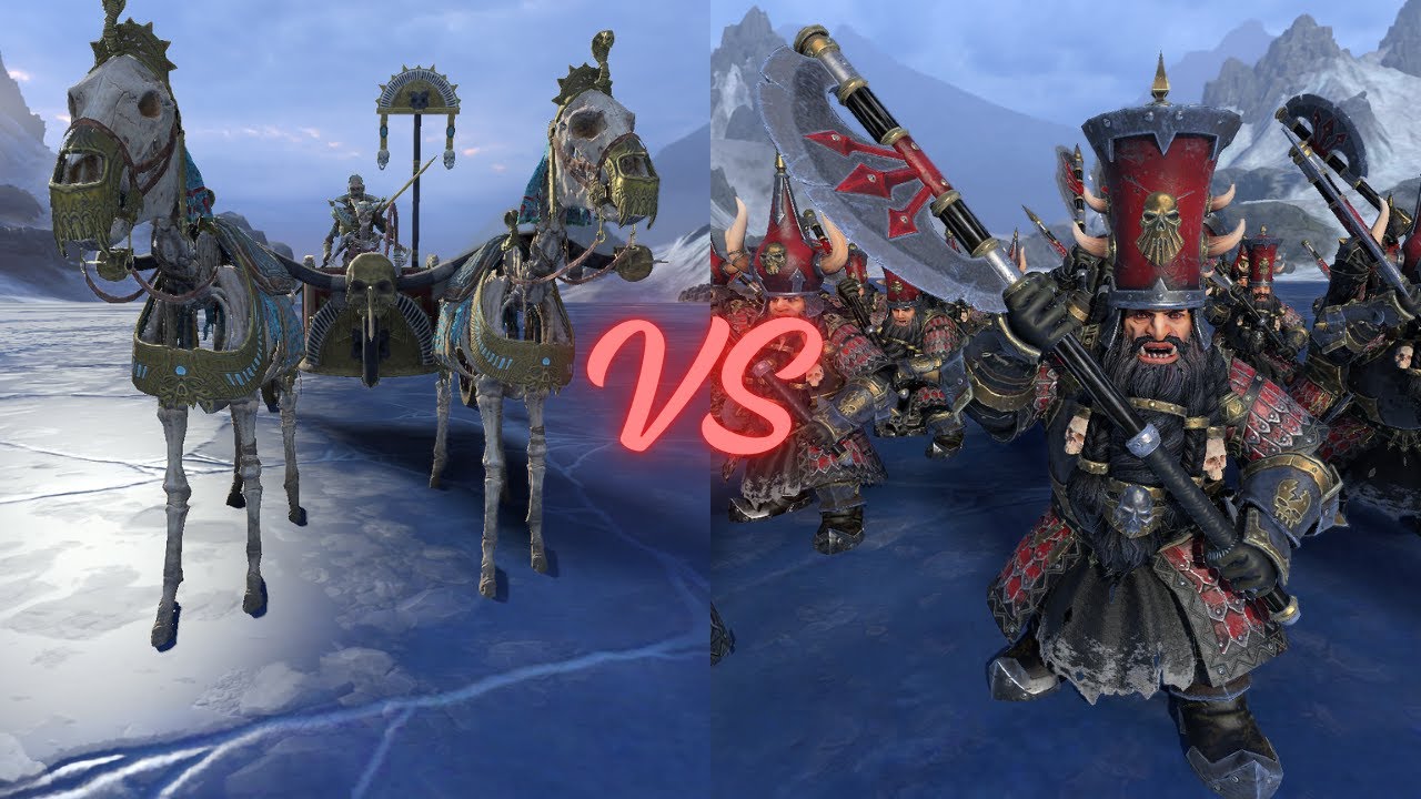TOTALWAR WARHAMMER 3: TOMB PRINCE - SKELETON CHARIOT VS CHAOS DWARF WARRIORS (GREAT WEAPONS)