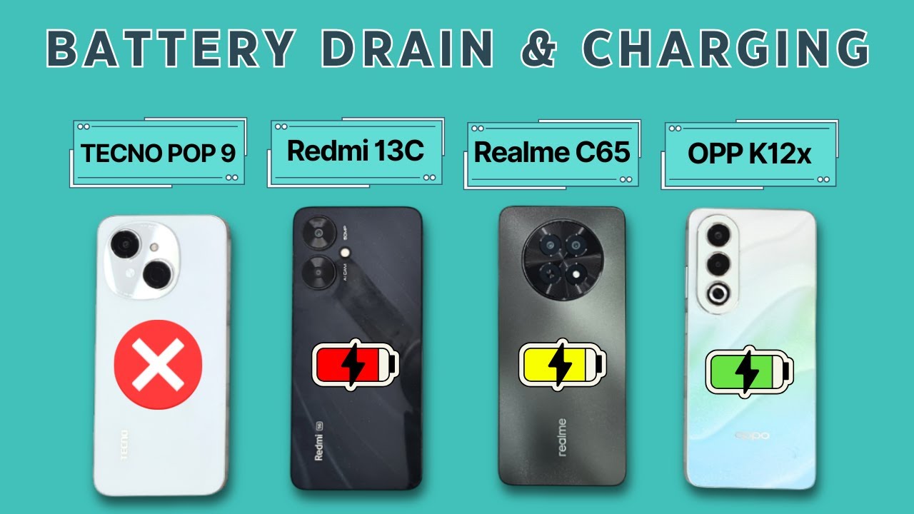 Tecno POP 9 vs Redmi 13C 5G vs Realme C65 vs OPPO K12x | BATTERY Drain and Charging Test🔋