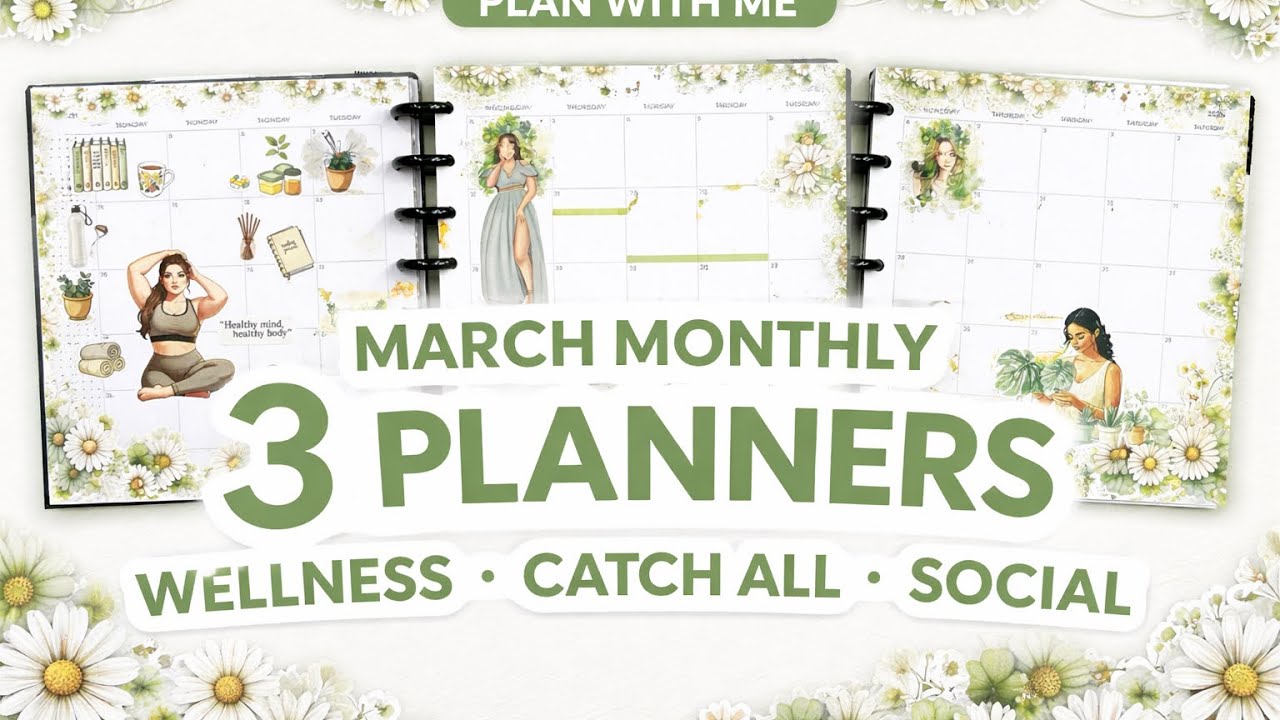 Plan With Me | March Monthly Spreads 🌼 3 Planners: Wellness • Catch All • Social Media