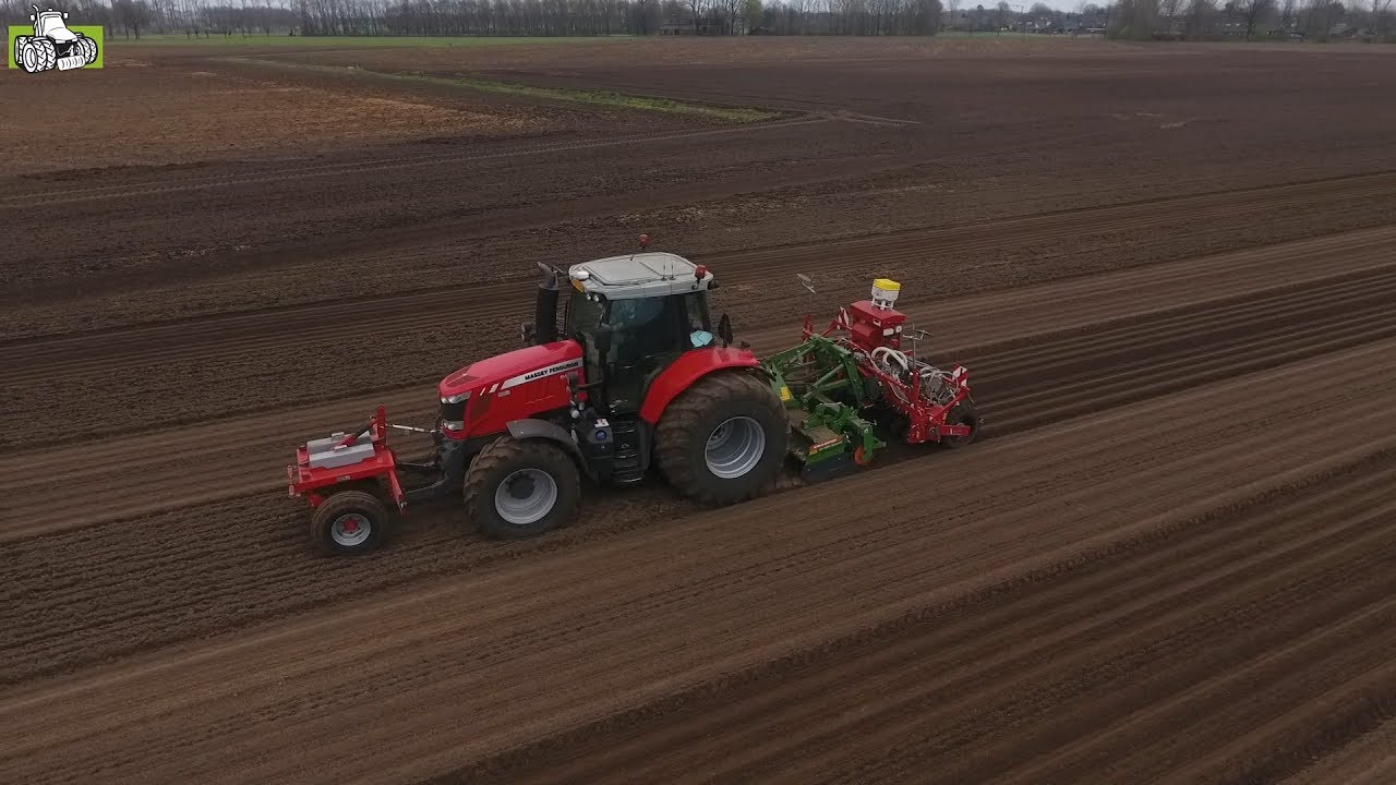Uienzaaien met Agricola Italiana rotorkopeg van Amazone en Massey Ferguson 6616