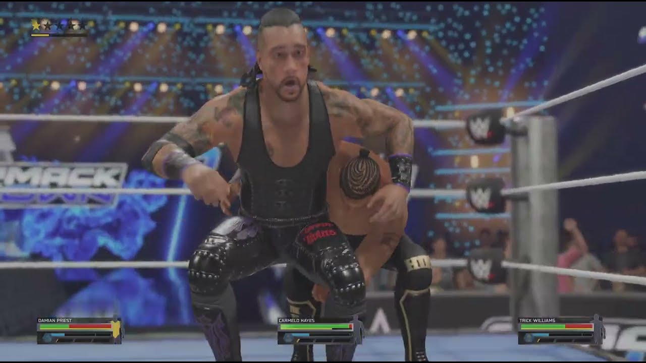 WWE 2K25 Carmelo Hayes Vs Damian priest Vs Trick Williams EC qualifying match Smackdown Predicton