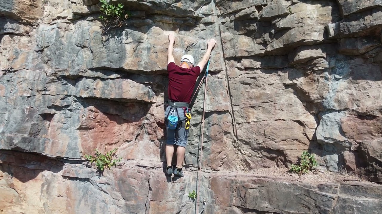 Neal Soutter climbing 'Sack the Strugglers' (6c) on Grid Iron Wall, Llanymynech 2022 04 20