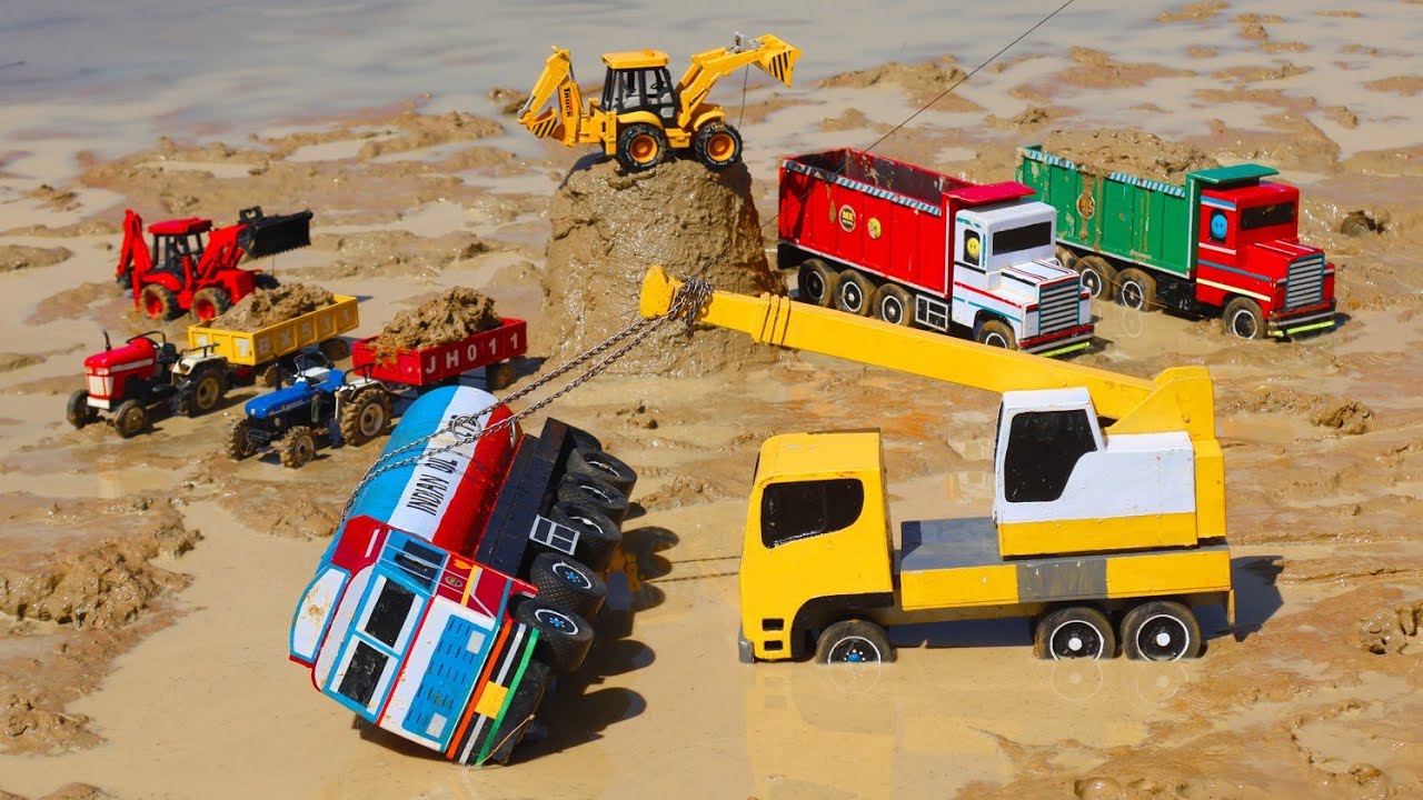 TATA Oil Tanker Accident Pulling Out Crane l JCB 5cx Mud Loading Truck Tractor Cartoon Video l rstoy