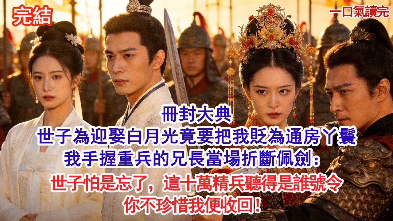 冊封大典，世子為迎娶白月光竟要把我貶為通房丫鬟，我手握重兵的兄長當場折斷佩劍：世子怕是忘了，這十萬精兵聽得是誰號令你不珍惜我便收回！#古風#追妻火葬場#愛情#小說