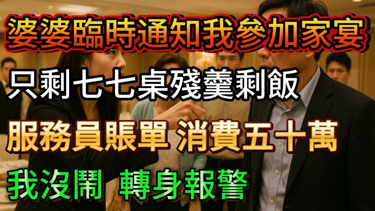 婆婆臨時通知我參加家宴。只剩七七桌殘羹剩飯。服務員遞來賬單：消費五十萬。我沒鬧，轉身報警#trending #人生感悟 #人間関係