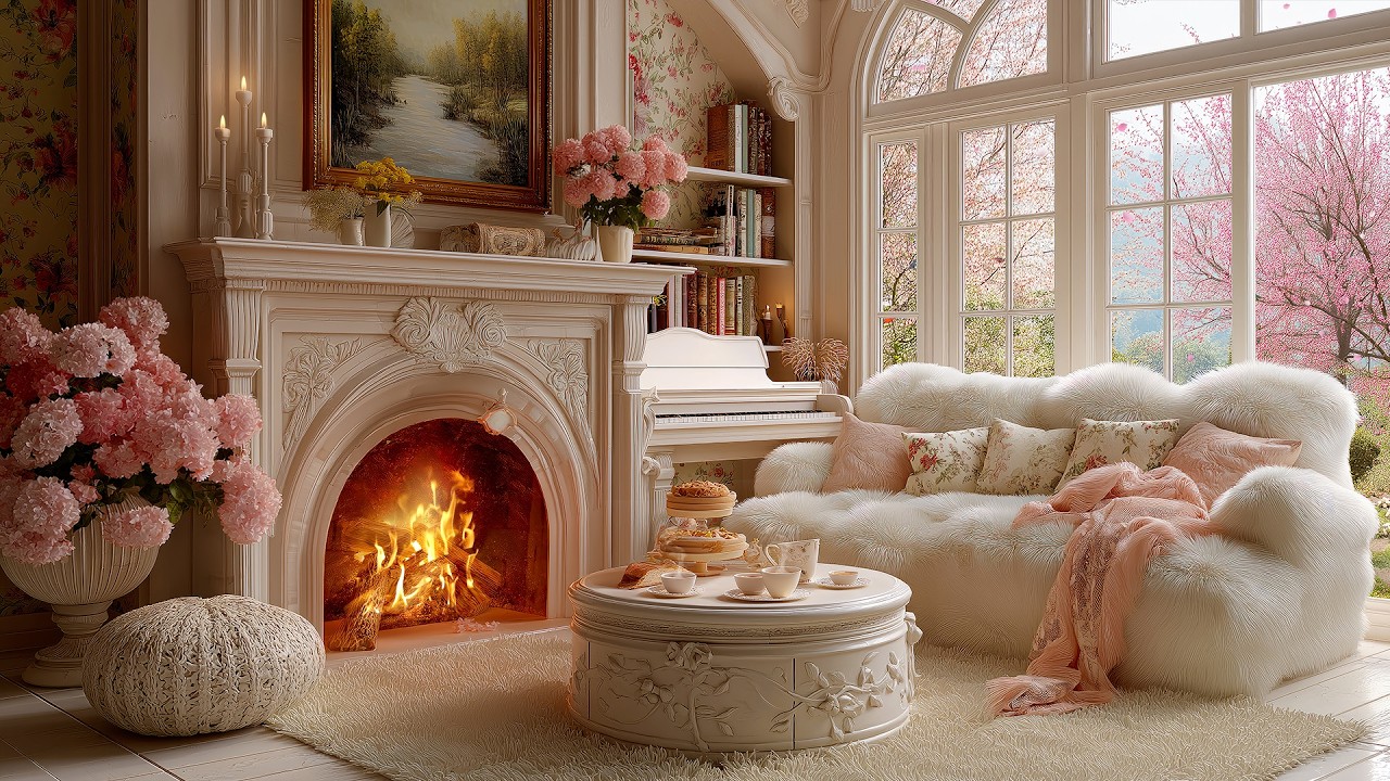 Relaxing Piano Music for Spring Days with Crackling Fireplace🔥Soft Piano Music for Work & Relaxation
