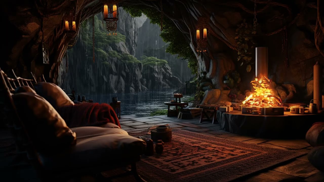 🌧️Night Cave Bliss | Continuous Rain on Rocks & Forest Wind (3 Hours) | Sleep Relax Study Meditation