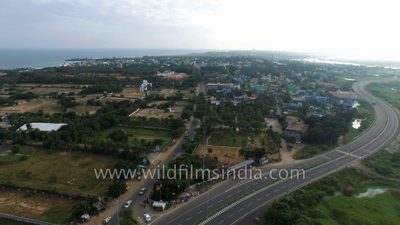 Mahabalipuram or Mamallapuram in Tamil Nadu, along Bay of Bengal - aerial view