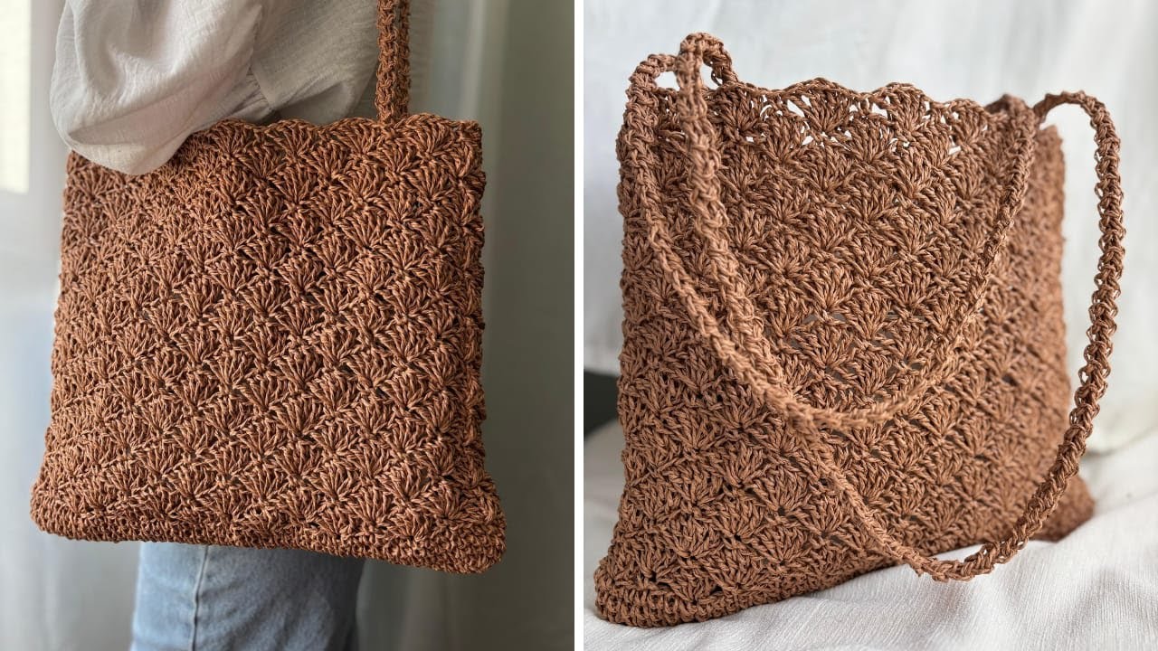 Kağıt İp ile Tığ İşi El Örgüsü Hasır Omuz Çantası Easy Crochet Bag Tutorial #crochet #hasırçanta 
