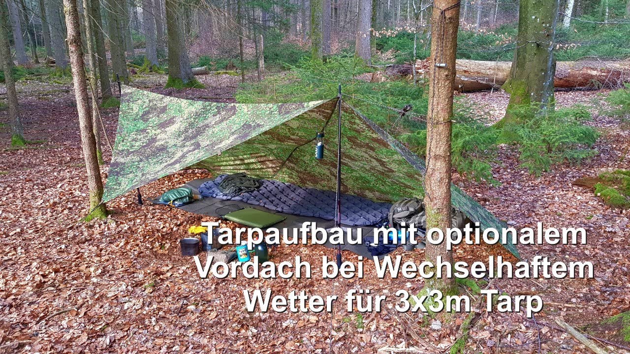 Tarpaufbau mit optionalem Vordach bei wechselhaften Wetterbedingungen