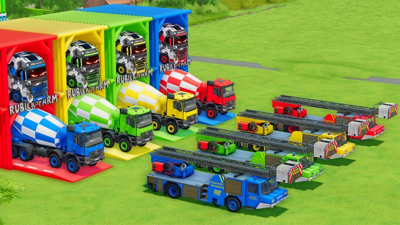 Garage with Colors - ALL MIXER TRUCK WITH DOUBLE FLATBED TRAILER TRUCK, VOLVO, MERCEDES, LIZARD