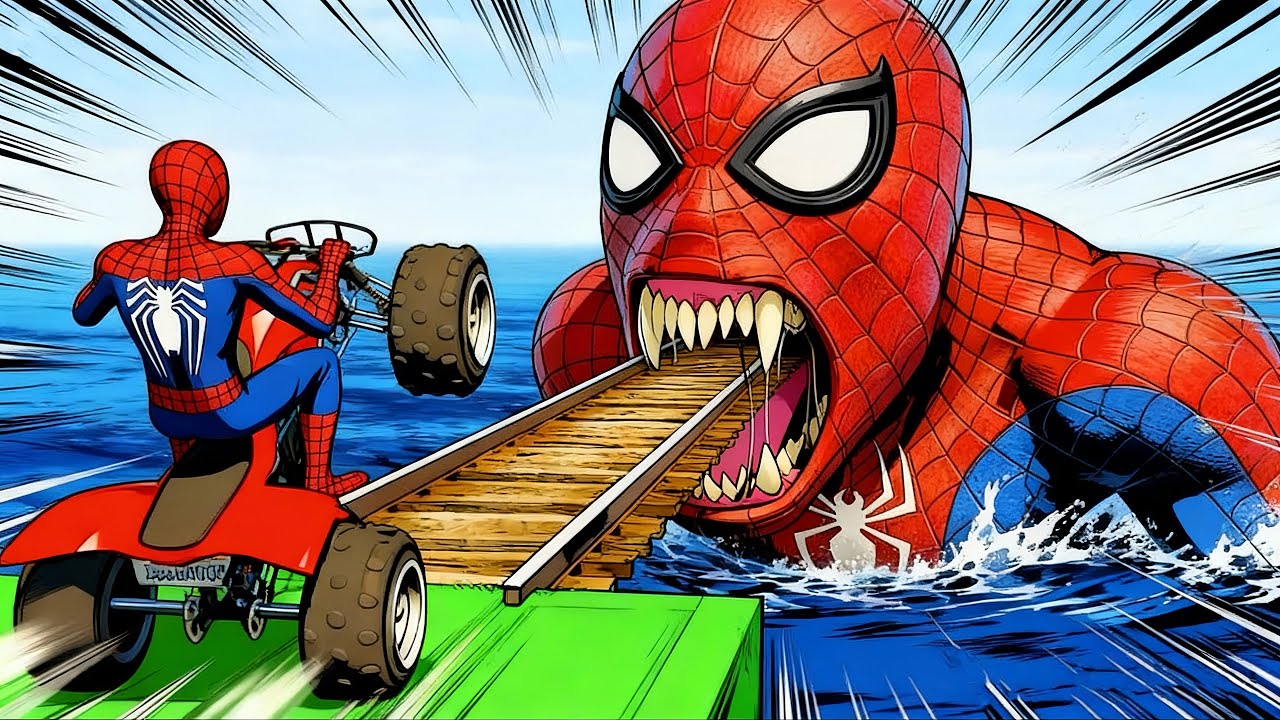 سبايدر مان اصعب دراجة نارية فوق اسماك القرش - Superheroes Ride on Motorcycle Stunt Funny Moments??