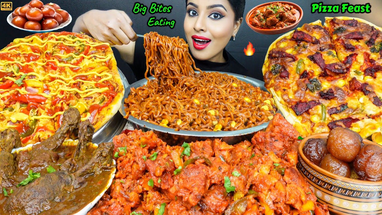 ASMR Eating Spicy Cheese loaded Chicken Tikka Pizza,Fire Noodles Street Food ASMR Eating Mukbang