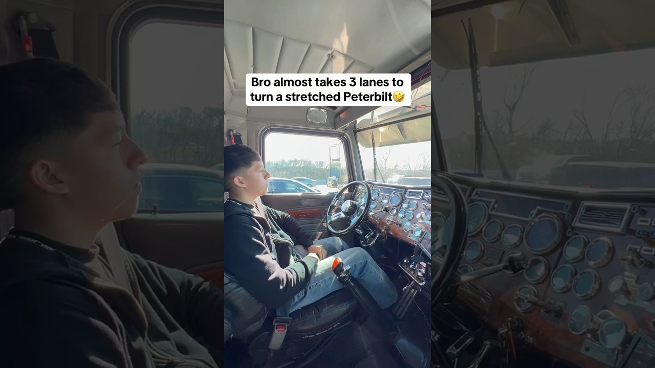 Bro almost takes 3 lanes to turn a stretched Peterbilt 🤣🚛