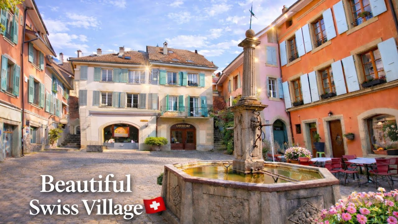 Beautiful Swiss Village with Stunning views of Lake Geneva,Walking tour,4K