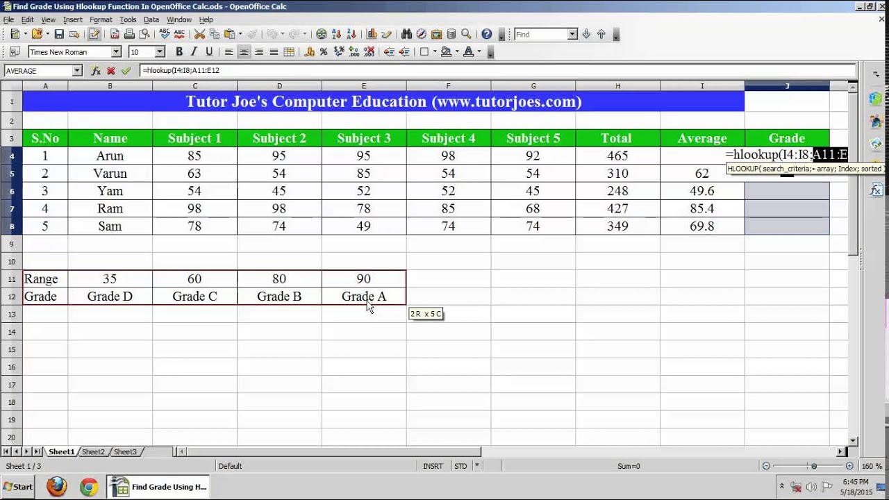 Find Grade Using Hlookup Function In OpenOffice Calc  Tamil