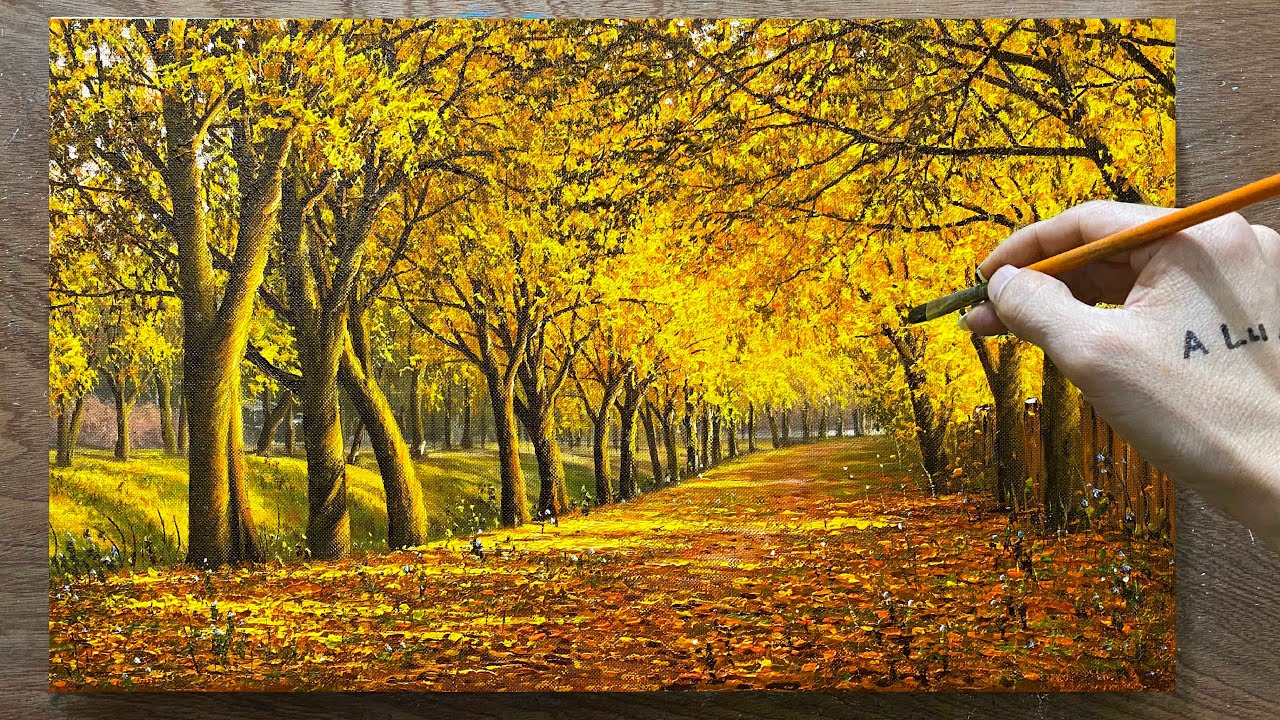 How to draw landscape painting /#76/ Drawing a scene of yellow leaves in autumn / Acrylic painting.