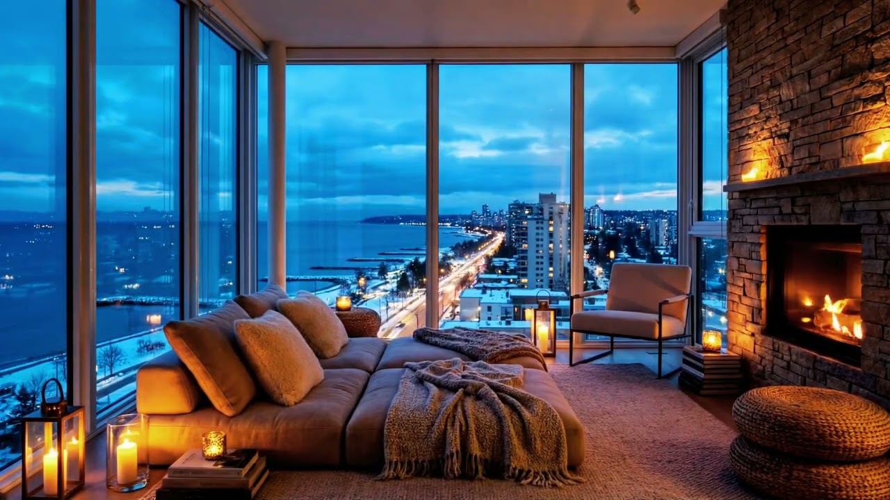 4K Cozy Luxury Apartment Night View 🌃 Fireplace & City Lights | Relaxing Chillout Ambience