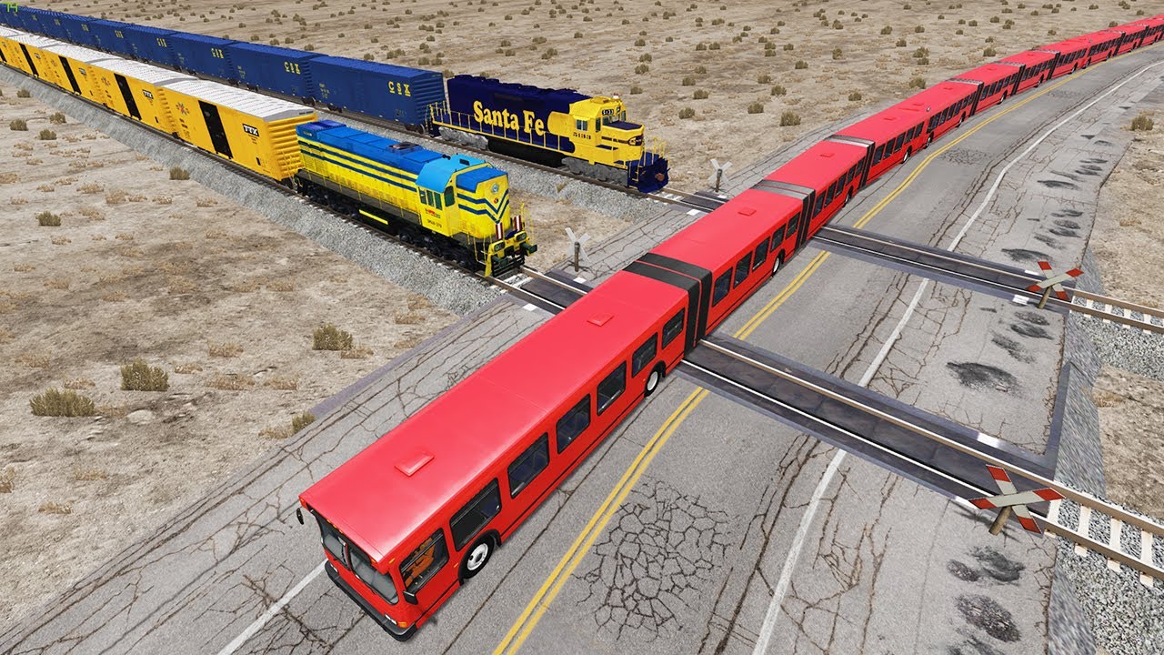 Long Articulated Bus Accident on Railway #4 - Beamng drive