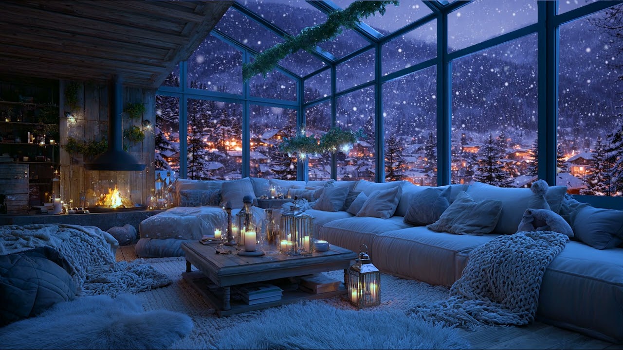 Winter Living Room with Snow Covered Village View | Relaxing 3H Ambience 🌙