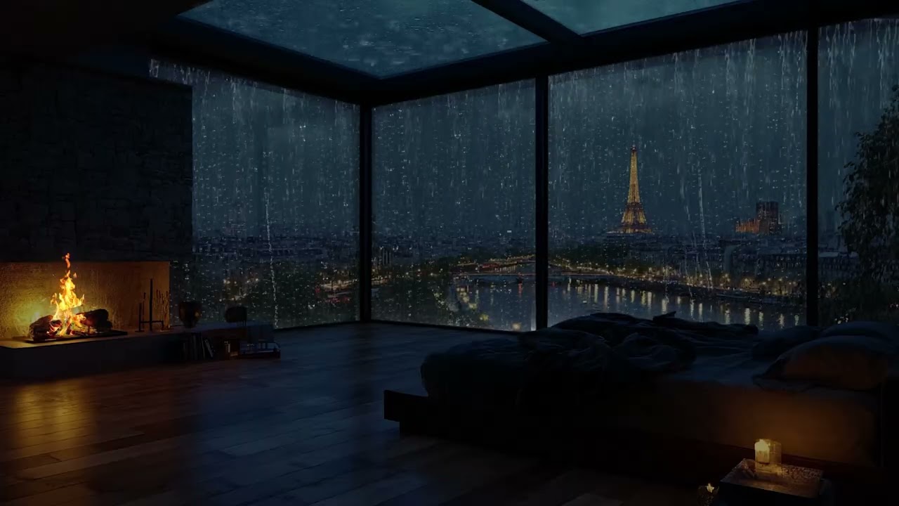 Rainy Paris Night 🌧️ Luxury Penthouse Fireplace Bedroom for Deep Sleep | 3 Hours