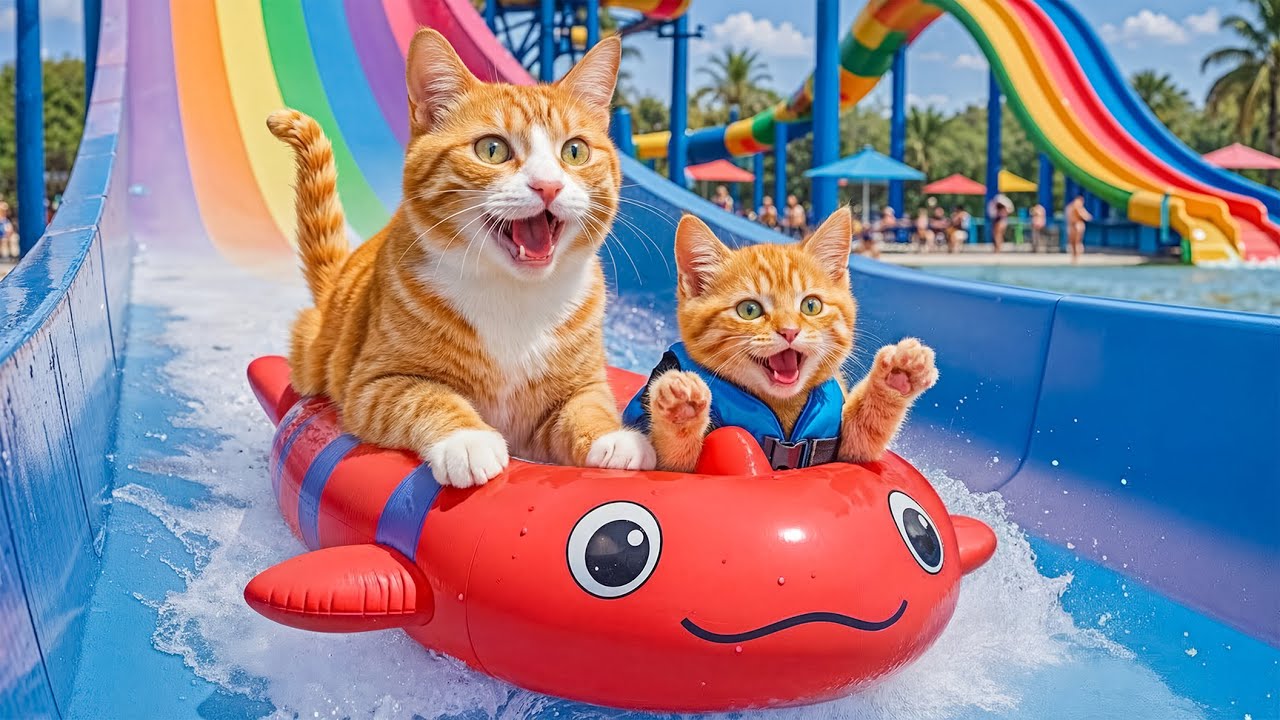Mama Cat Takes Kitten to the Water Park to Fulfill Her Long-Time Dream 💦🐱❤️